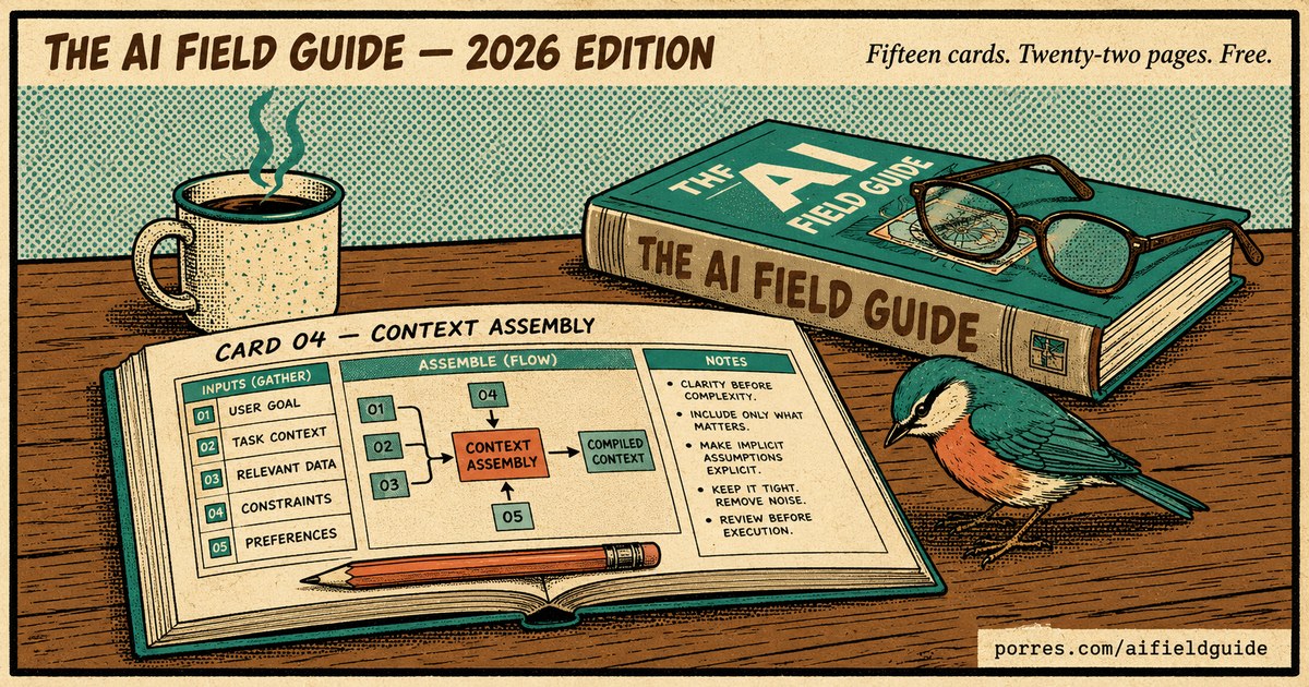 The AI Field Guide — open on a workbench with reading glasses, a pencil, and a perched bird