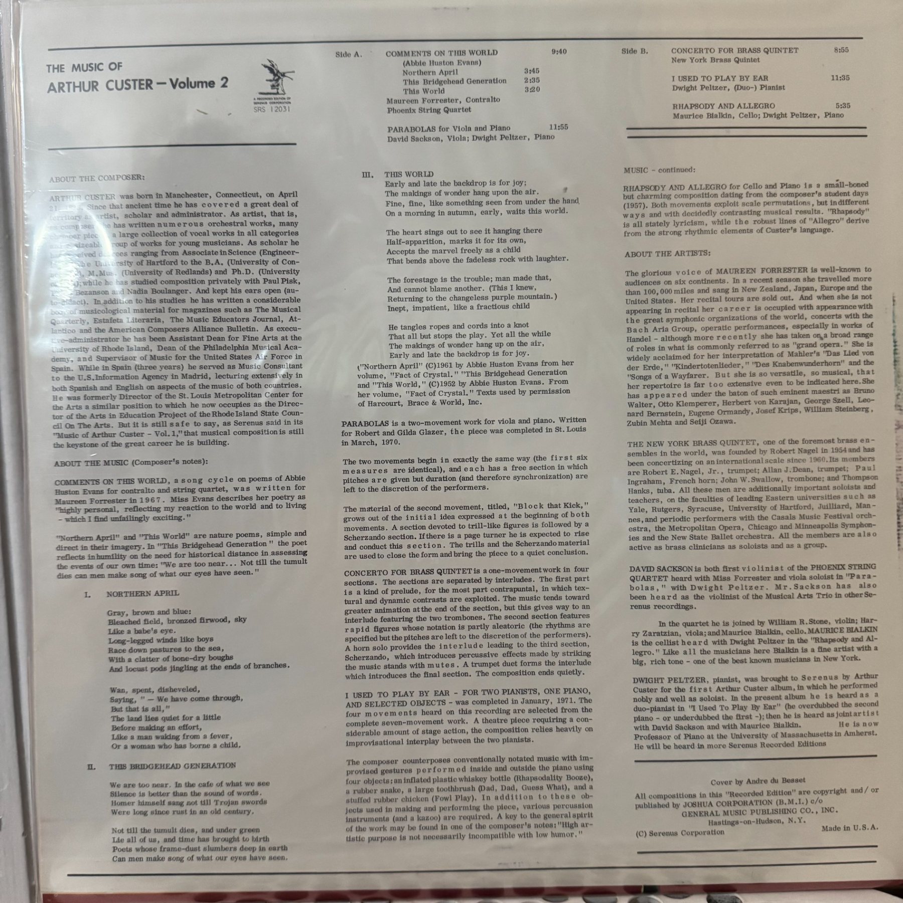 Back cover and liner notes of The Music of Arthur Custer, Volume II